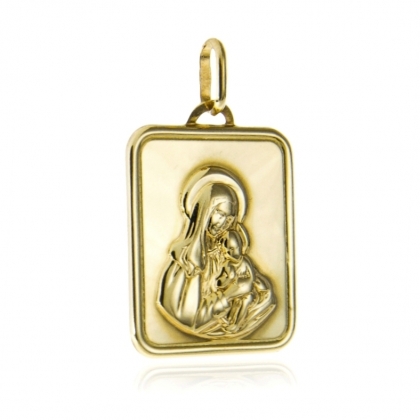 Złoty medalik prostokątny Matką Boską z dzieciątkiem w ramce pr.585